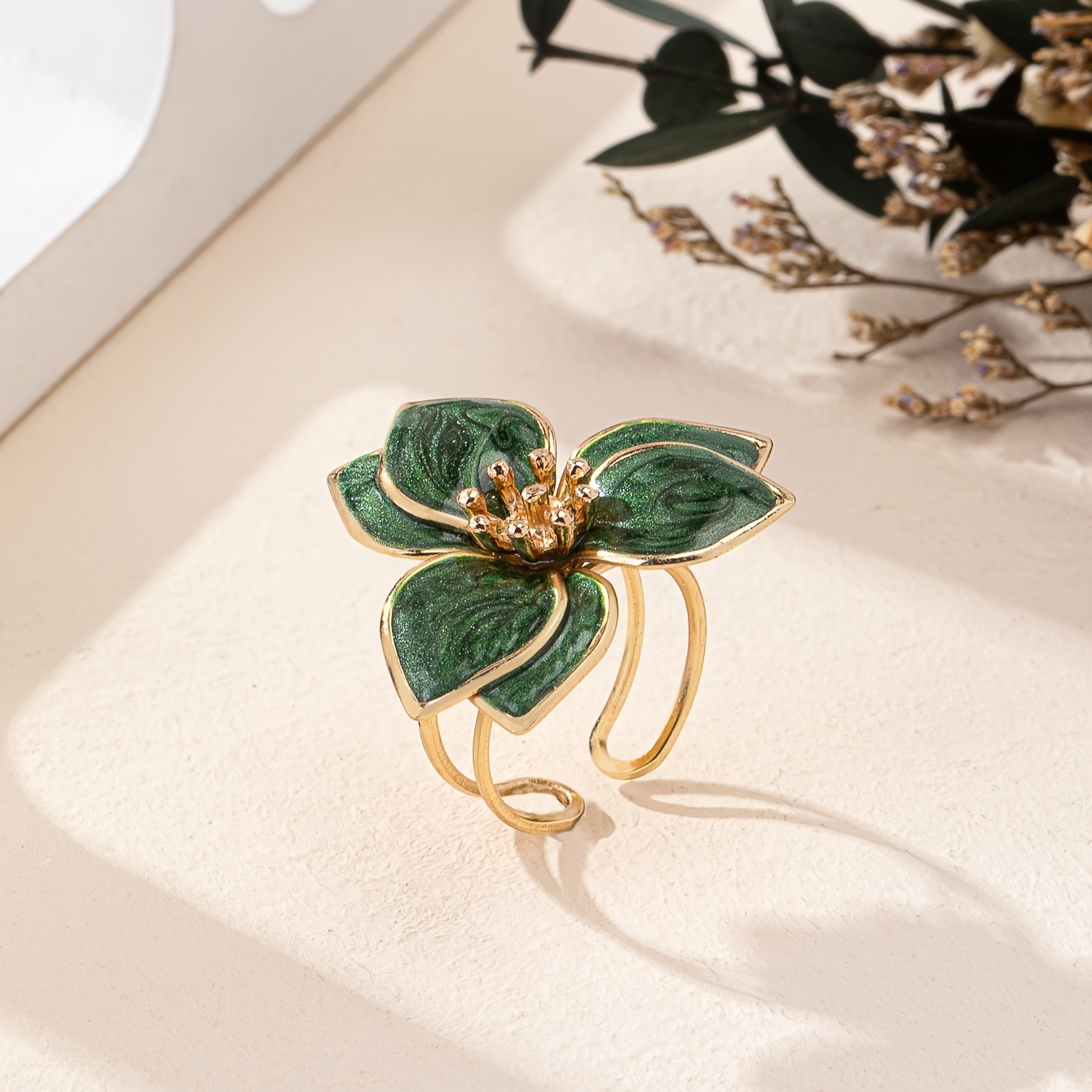 Enamel Flower Ring Green Marble Golden Tone Metal Open Ring